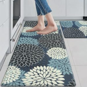 Anti Fatigue Kitchen Mats 2PCS,Boho Kitchen Rugs Non Slip Rubber Backing,Farmhouse Waterproof Kitchen Mat for Floor,Cushioned Standing Mat for Kitchen,Laundry,Sink,Desk,Mutil-Blue