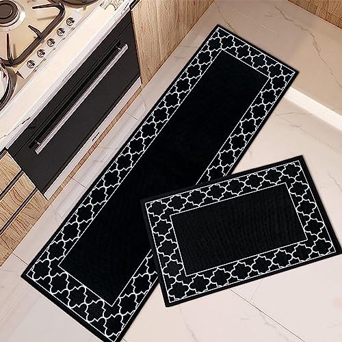 Arttown Black Kitchen Rugs and Mats Non Skid Washable Set of 2, Border Lattice Moroccan Style Kitchen Mats for Floor, Geometric Kitchen Runner Rug, Modern Simple Kitchen Decor