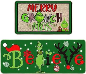 Asija Merry Christmas Kitchen Rugs Set of 2, Believe Grinchmas Winter Kitchen Decoration,Rubber Backing Braid Jute Kitchen Floor Rug Kitchen Doormat Cushioned Rug Mats -17x29 +17x47 Inch