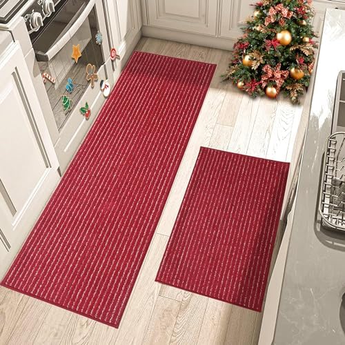 BEQHAUSE Kitchen Mat Set of 2 Anti-Slip Kitchen Rugs 100% Polyester Soft and Absorbent Kitchen Mats for Floor Machine Washable with TPR Backing Kitchen Runner Rug 24x35”/24x60”