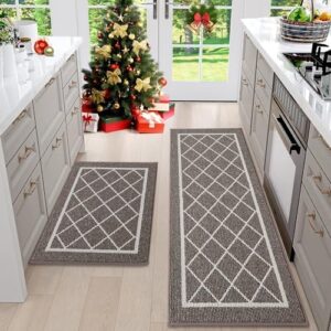 BEQHAUSE-Kitchen-Rugs-Non-Slip-Kitchen-Mats-for-Floor 2 Pieces Kitchen Rugs and Mats Non Skid Washable Kitchen Runner Carpet with TPR Backing,Brown,20x30inch/20x48inch