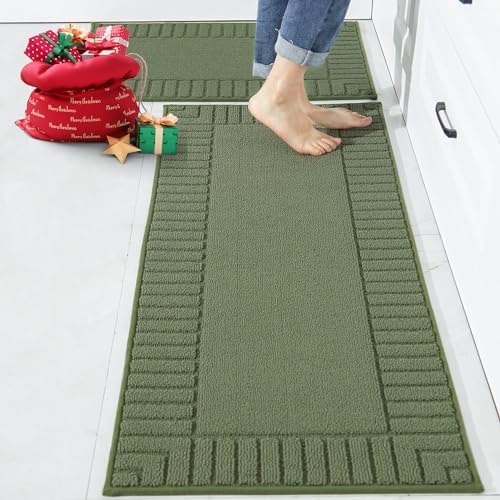 BEQHAUSE-Kitchen-Rugs-Non Slip-Kitchen-Mats-for-Floor Machine Washable Kitchen Rugs 2 Pieces Kitchen Carpet Runner with TPR Backing,Green,20x30inch/20x48inch