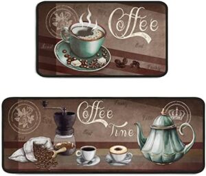 BOOWEATS 2 Piece Coffee Kitchen Decor Rug Set, Home Kitchen Sink Rugs and Mats Non Skid Washable Absorbent Microfiber Kitchen Floor Carpet 17"x47"+17"x30"