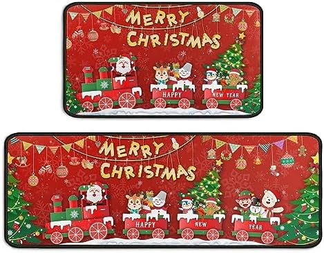 BOOWEATS Christmas Kitchen Rugs and Mats Set of 2, Santa Claus Non-Slip Washable Floor Mats for Kitchen Sink Fronts, Christmas Gnomes Farmhouse Kitchen Decor 17x30+17x47 Inches