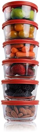 BOVADO USA 2 Cup Glass Food Storage Containers (6 Pack) | Nonpourous Dishwasher, Freezer & Oven Safe Glass, Easy-Clean | Red Lids