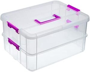 BTSKY 2 Layer Stack & Carry Box, Plastic Multipurpose Portable Storage Container Box Handled Organizer Storage Box for Organizing Stationery, Sewing, Art Craft, Jewelry and Beauty Supplies(Purple)