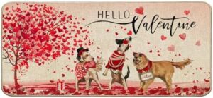 Baccessor Hello Valentine Dog Doormat Rug,Red Love Heart Tree Funny Golden Retriever Outdoor Doormat Mat Non Slip Rubber Backing Entrance Seasonal Indoor Front Kitchen Decoration 17 x 36 Inch