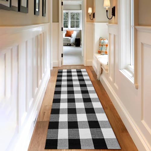 Basima Buffalo Plaid Runner Rug, 2x6 Ft Machine Washable Cotton Buffalo Check Rug Runner for Hallway, Hand-Woven Farmhouse Indoor & Outdoor Runner Rug for Entryway/Kitchen/Living Room/Bedroom