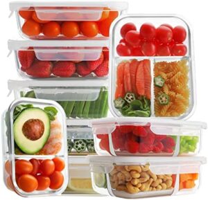 Bayco 9 Pack Glass Meal Prep Containers 3 & 2 & 1 Compartment, Glass Food Storage Containers with Lids, Airtight Glass Lunch Bento Boxes, BPA-Free & Leak Proof (9 lids & 9 Containers) - White