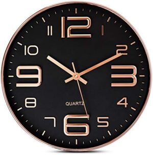 Bernhard Products Black Wall Clock - 12 Inch Rose Gold Silent Non Ticking Quality Quartz Battery Operated Easy to Read Decorative Modern Design for Home/Office/Kitchen/Bedroom/Living Room