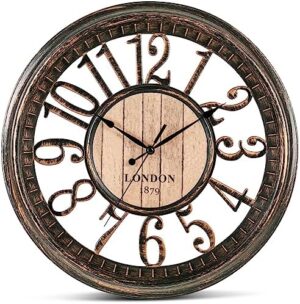 Bernhard Products Large Wall Clock 16 Inch Non Ticking Battery Operated Brown Rustic Farmhouse Vintage Design Stylish Decorative Clocks for Home/Office/Kitchen/Living Room/Bedroom