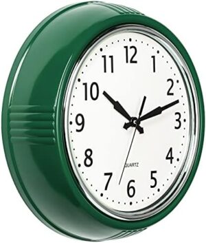 Bernhard Products Retro Wall Clock 12 Inch Hunter Green Kitchen 50's Vintage Design Round Silent Non-Ticking Quartz Battery Operated Clocks for Home Office School Classroom Kids Bedroom Living Room