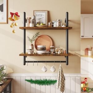 Bestier Floating Shelves Kitchen Shelves Wall Mounted 24" 2 Tier Ladder Shelves with Tower Bar, Wall Decor for Bathroom, Bedroom, Living Room, Coffee bar & Balcony, Rustic Brown