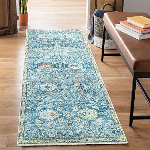 Bloom Rugs Caria Washable Non-Slip 12 ft Runner - Blue/Beige Traditional Runner for Entryway, Hallway, Bathroom, and Kitchen - Exact Size: 2'6" x 12'