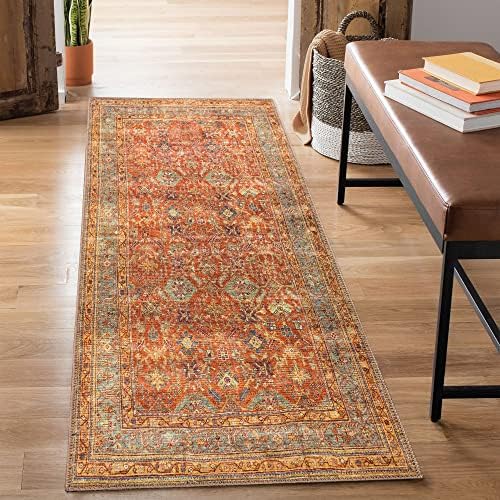 Bloom Rugs Washable Non-Slip 10 ft Runner - Terracotta/Mustard Traditional Runner for Entryway, Hallway, Bathroom, and Kitchen - Exact Size: 2.5' x 10'