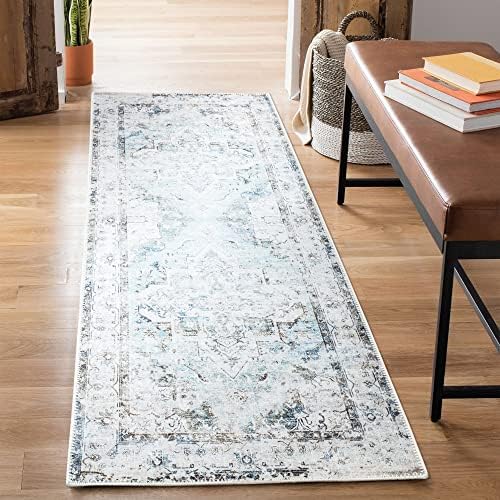 Bloom Rugs Washable Non-Slip 12 ft Runner - Beige/Blue Traditional Runner for Entryway, Hallway, Bathroom, and Kitchen - Exact Size: 2.5' x 12'