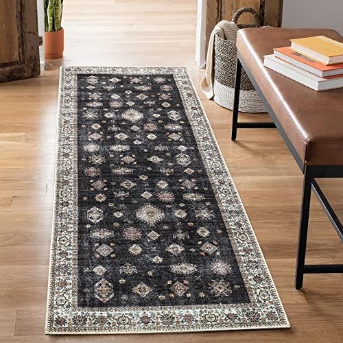 Bloom Rugs Washable Non-Slip 12 ft Runner - Black/Ivory Traditional Runner for Entryway, Hallway, Bathroom, and Kitchen - Exact Size: 2.5' x 12'