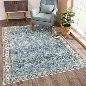 Bloom Rugs Washable Non-Slip 4' x 6' Rug - Blue/Beige Traditional Area Rug for Living Room, Bedroom, Dining Room, and Kitchen - Exact Size: 4' x 6'