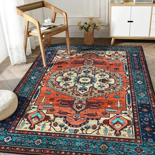 Boho Area Rug 3' x 5' Persian Rug Oriental Vintage Carpet Washable Non-Slip Indoor Entry Throw Rugs for Living Room Kitchen Outdoor Floor Decoration Mat Terracotta