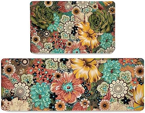 Boho Floral Kitchen Rug Set of 2 Colorful Flowers Anti Fatigue Non-Slip Kitchen Floor Mats Comfort Standing Bohemian Mat Waterproof Farmhouse Sink Laundry PVC Carpet(17.3 x 28 Inch+17.3 x 47 Inch)