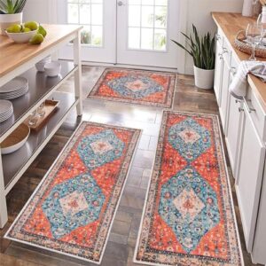 Boho Kitchen Rugs Sets of 3 Non Slip Washable with Rubber Backing Kitchen Mats Set for Floor Easy to Clean Low-Profile Runner Rug for Hallway Entryway Bathroom Laundry Room (Orange/Multi)