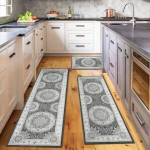 Boho Kitchen Rugs Sets of 3 Piece,Farmhouse Kitchen Area Rug Floor Carpet Runner Rugs,Non Slip Washable Kitchen Mats Set for Kitchen Floor Bathroom Laundry Office Sink (Dark Gray