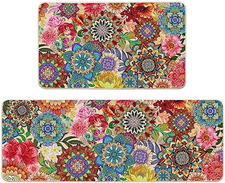 Boho Mandala Kitchen Rug Set of 2, Bohemian Floral Kitchen Mats Non-Slip Washable Colorful Flowers Floor Comfort Mats for Kitchen Home Decor Accessories, 17" W x 29" L + 17" W x 47" L