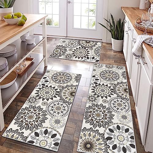 Bsmathom Boho Kitchen Rugs Sets 3 Piece, Farmhouse Non Slip Kitchen Rugs and Mats, Washable Kitchen Mats for Floor Non Skid Kitchen Runner Rug, Kitchen Floor Mat for Laundry Room Entryway Hallway