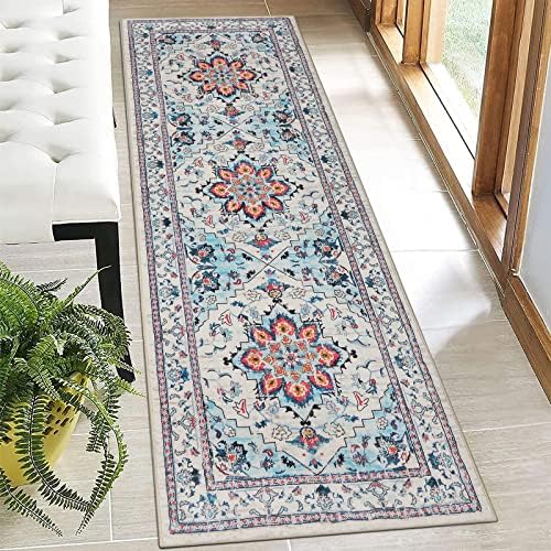 Bsmathom Boho Tribal Rug, Non Slip Hallway Rug 2x6 Bohemian Vintage Throw Runner, Faux Wool Soft Fuzzy Washable Low-Pile Floor Carpet for Kitchen Bedroom (Blue, 2x6Ft)