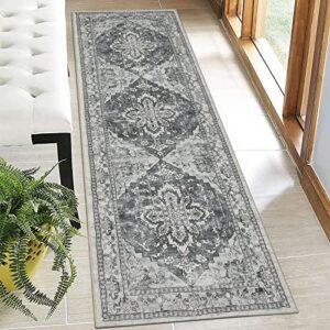 Bsmathom Boho Tribal Runner Rug 2X6, Washable Vintage Distressed Hallway Runner, Non-Slip Non-Shedding Carpet Runner, Faux Wool Soft Fuzzy Rug Low-Pile Floor Carpet for Kitchen Laundry (Grey,2x6Ft)