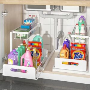 Bukfen Under Sink Organizer, Pull Out Cabinet Organizer 2-Tier Slide Out Sliding Shelf Under Cabinet Storage Multi-Use for Under Kitchen Bathroom Sink Organizers and Storage,White,2 Pack