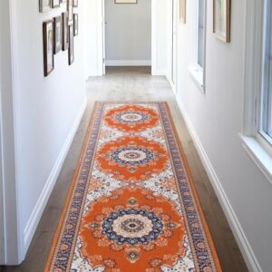 CALORGAN Hallway Runner Rug- Washable Rug Runner with Rubber Backing Non-Slip Kitchen Runner Low-Pile Non Skid Vintage Carpet Runner for Hallway Laundry Bathroom Bedroom (2×10, Orange)