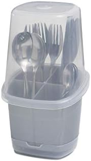 CELESTE HOME PRODUCT Toledo Cutlery holder with cover, Plastic Cutlery Storage Organizer for Kitchen Cabinet or Pantry - Basket Organizer for Forks, Knives and Spoons. With cover. Silver