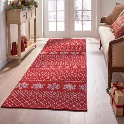 COLLACT Christmas Runner Rug 2x6 Hallway Rug Christmas Kitchen Rugs Washable Rug Non Slip Xmas Snowflake Moroccan Red Carpet Holiday Decor Geometric Soft Rug for Bedroom Bathroom Laundry Living Room