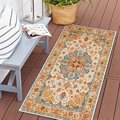 COMSLE Boho Area Rug, 2' x 4' Machine Washable Rugs for Entryway Faux Wool Small Rugs Distressed Throw Rug Non-Slip Floor Carpet for Indoor Bedroom Kitchen Living Room