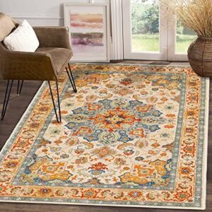 COMSLE Boho Area Rug, 4' x 6' Machine Washable Rugs for Entryway Faux Wool Large Rugs Distressed Throw Rug Non-Slip Floor Carpet for Indoor Bedroom Kitchen Living Room