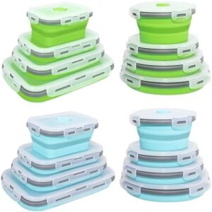 CONEHOY 16 Pieces Collapsible Food Storage Containers 8 Pcs Rectangle and 8 Pcs Round Food Bowls with Lids Foldable Silicone Lunch Containers Bento Boxes for Kitchen Microwave Freezer Dishwasher Safe