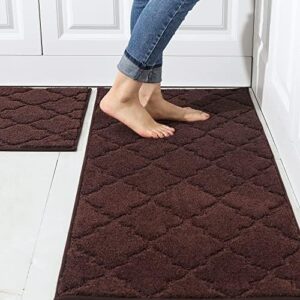 COSY HOMEER Soft Kitchen Rugs [2 PCS] for in Front of Sink Super Absorbent Kitchen Floor Mats and Mats 20x30 Inch/20X48 Non-Skid Kitchen Mat Standing Mat Washable,Polyester,Brown