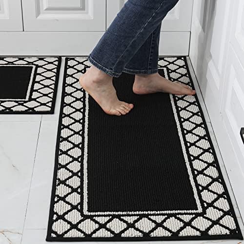 COSY HOMEER Thick 48x20 Inch/30X20 Inch Kitchen Rug Mats Made of 100% Polypropylene 2 Pieces Soft Kitchen Mat Specialized in Anti Slippery and Machine Washable (Black)