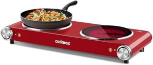 CUSIMAX Electric Stove, 1800W Double Burner, Electric Hot Plates for cooking Infrared Ceramic Burner, Dual Countertop Cooktop, Stainless Steel Red, Compatible for All Cookwares