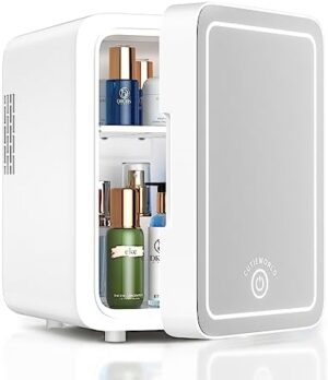 CUTIEWORLD Makeup Fridge With Dimmable LED Light Mirror, 4L Mini Fridge for Bedroom, Car, Office & Dorm, Cooler & Warmer, Portable Small Refrigerator for Cosmetics, Skin Care and Food, White