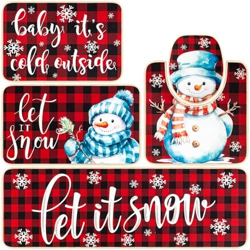 Ceenna 5 Pcs Christmas Kitchen Rugs Non Slip Buffalo Plaid Snow Snowman Christmas Kitchen Rugs Set Christmas Kitchen Decor Christmas Bathroom Rugs Winter Buffalo Plaid Door Mat Outdoor for Home