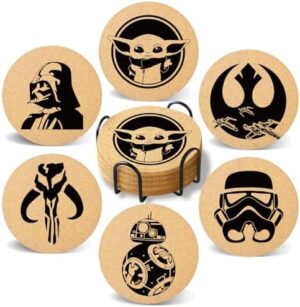 Cegkuc Coasters for Drinks with Holder Set of 6, Absorbent Cork Wood Star Battle Coaster for Cup Desk Office Table Kitchen Decor House Warming Gifts for New Home Couples, Round 4"