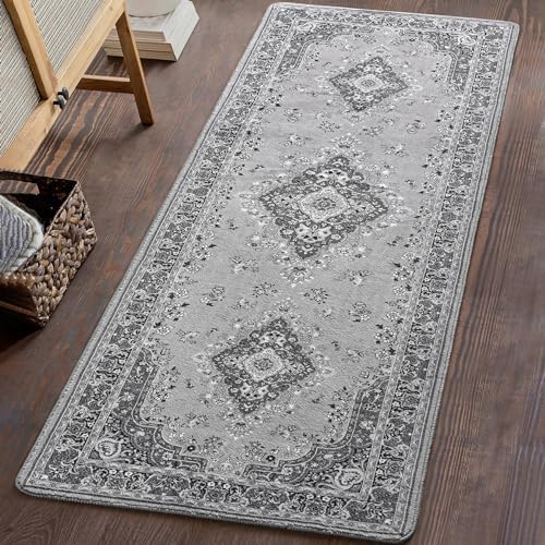 Chicrug Luxury 2x6 Runner Rug for Bedroom, Grey TPR Non Slip Washable Hallway Carpet Runner Rug, Vintage Floral Indoor Floor Entryway Carpet Rug for Kitchen Bedside Living Laundry Room Decor