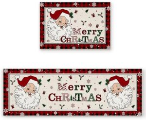 Christmas Anti Fatigue Kitchen Mat Set of 2 Cushioned Kitchen Floor Mats Kitchen Rugs Non Slip Kitchen Runner Rug Santa Claus Merry Christmas Winter Xmas Decor (15.7"x23.6"+15.7"x47.2" inches)