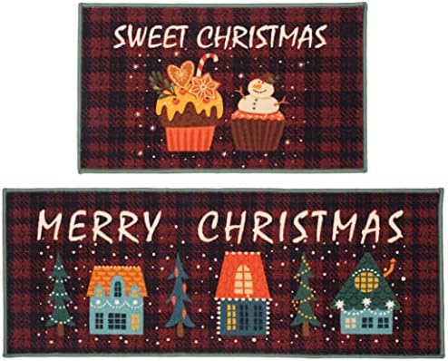 Christmas Kitchen Rug Mat Set 2023 New Non Slip Decorative Red Black Town Soft Floor Mat for Kitchen Bedroom Indoor Christmas Home Decor 2 Pack - 28"x17" & 46”x17