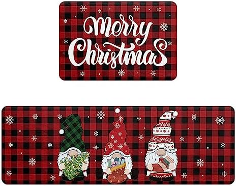 Christmas Kitchen Rugs, Christmas Kitchen Mats Set of 2, Non-Slip Winter Rugs Kitchen Mats Buffalo Plaid Doormat for Kitchen Decoration Washable Runner for Xmas Home Decor (17"x47"+16"x24") (U)