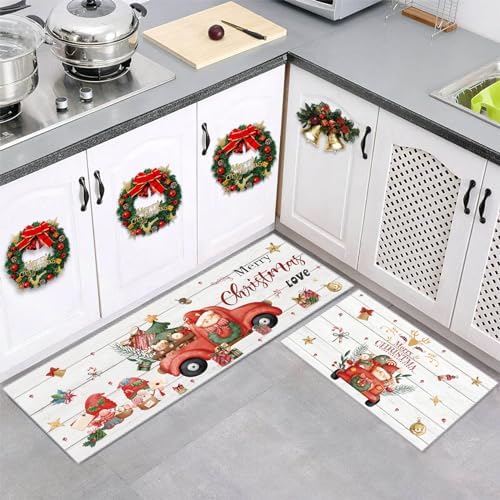 Christmas Kitchen Rugs Set of 2, Non Slip Anti Fatigue Kitchen Floor Mat, Farmhouse Christmas Truck Gnome kitchen Mats, Washable Kitchen Rugs for Winter Xmas Holiday Christmas Decor(17x47"+17x30")