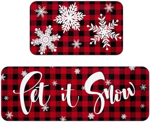 Christmas Kitchen Rugs Set of 2, Winter Red Buffalo Plaid Kitchen Floor Mats Low-Profile, Let It Snow Christmas Snowflake Kitchen Rugs Non Slip Washable, Christmas Decor, 18'' x 48'' 18'' x 30''