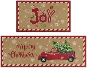 Christmas Kitchen Rugs and Mats Set of 2,Christmas Tree Truck Holiday Floor Mats Non-Slip Washable Christmas Floor Mat for Kitchen Sink Front and Christmas Farmhouse Kitchen Decoration,17x30+17x47In